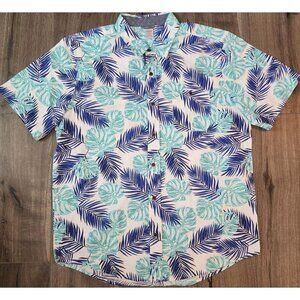Gymboree Shirt Mens Large Blue White Leaf Print Hawaiian Button Up Pocket Cotton